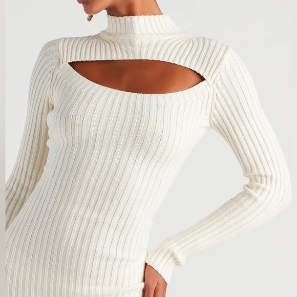RARE ivory ribbed knit cut out long sleeve dress - Picture 3 of 4